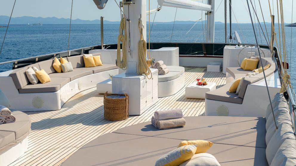 On the open sun deck of the Lady Gita you can enjoy the distant view of the calm sea.